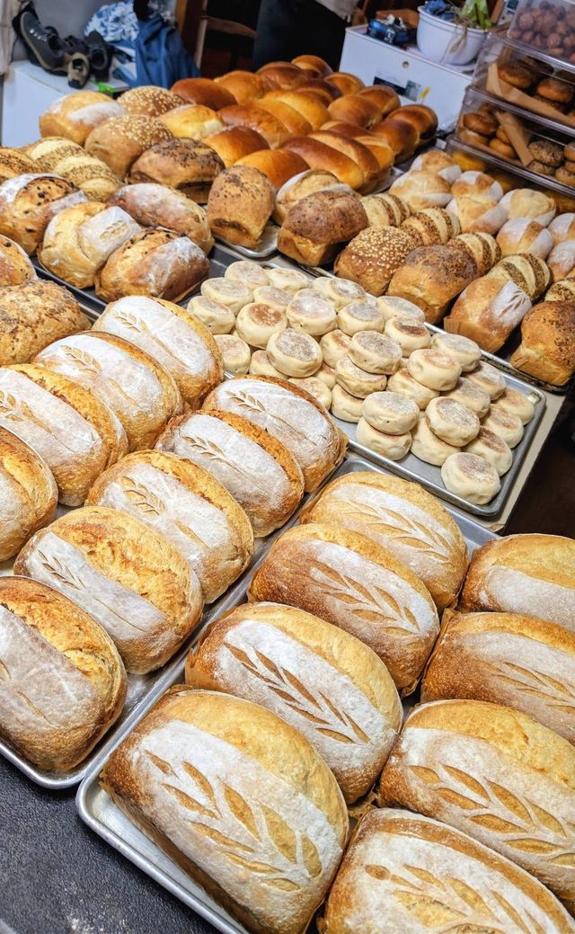 Trays full of fresh loaves, buns and rounds on bake day